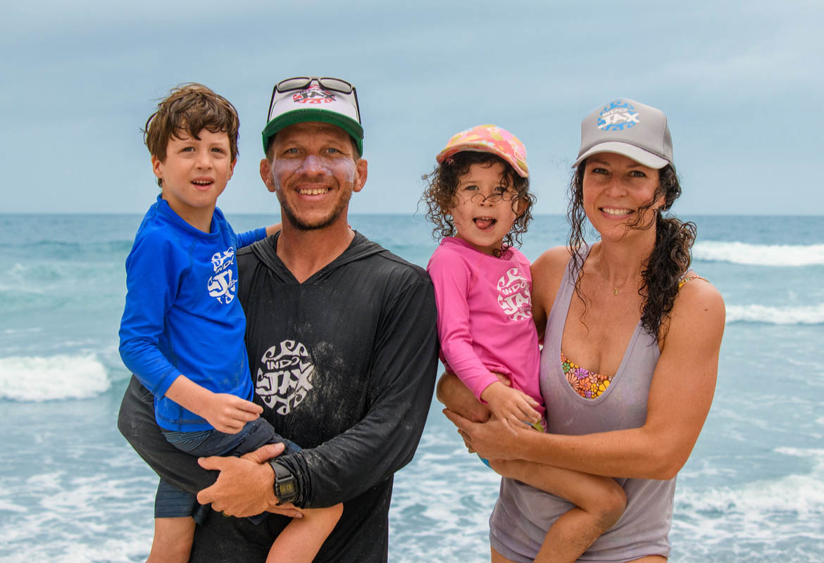 Dave and Megan French, Owners of Indo Jax Surf School with their two children